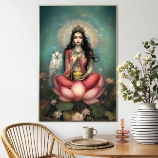 Poster Lakshmi Déesse Hindoue de la Prospérité Hibou Lotu