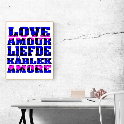 Poster L'amour dans de nombreuses langues Coeurs roses bl