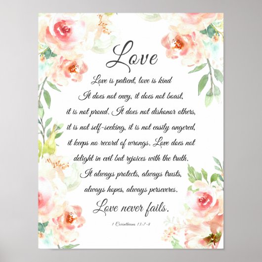 Poster L'amour n'échoue jamais Bible Verse Blush Floral M (Devant)