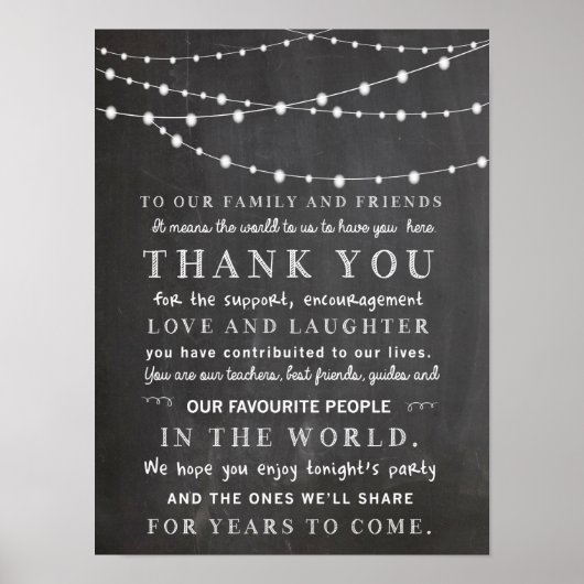 Poster Lampes à cordes Chalkboard - merci mariage (Devant)