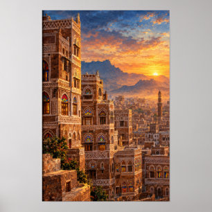 Poster L'ancienne Sana'a à l'aube - Architecture du patri
