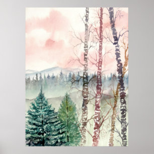 Poster landscape birch tree painting