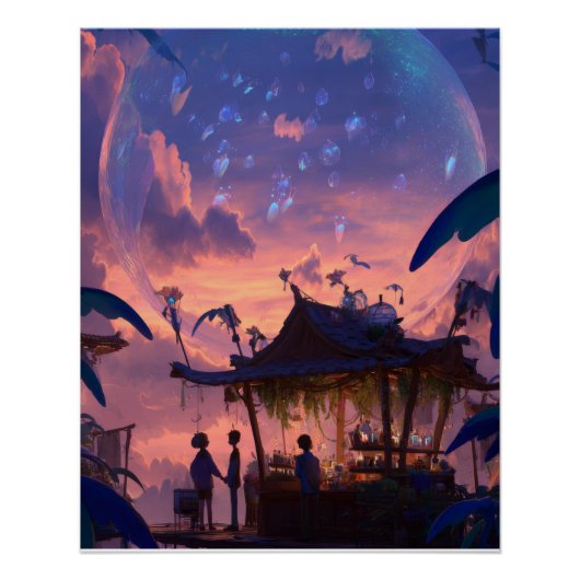 Poster Lantern-Lit Twilight Pavilion Fantasy Scene (Devant)