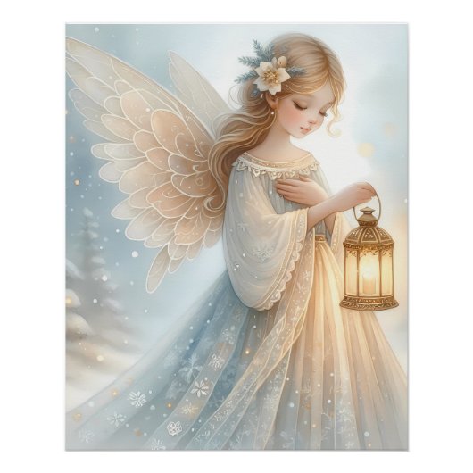Poster Lanterne d'ange céleste d'hiver de réconfort (Devant)