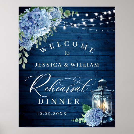 Poster Lanterne en bois Hydrangea bleue Bohème pour dîner (Devant)