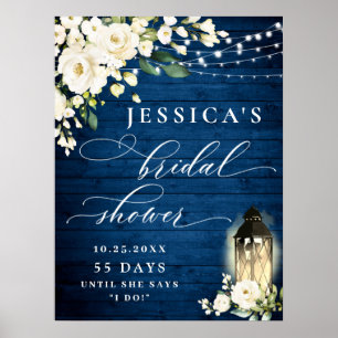Poster Lanterne Roses Blanches Bois Bleu Baby Shower