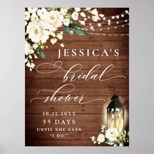 Poster Lanterne Roses Blanches Bois Rustique Mariage (Devant)