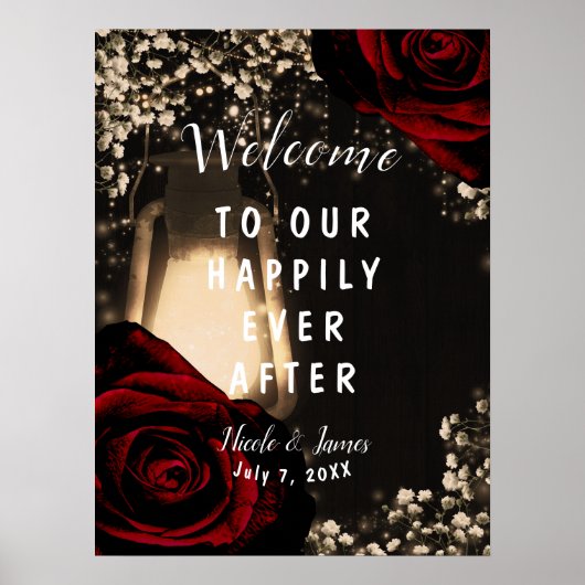 Poster Lanterne Rustic Glow Roses Rouge Foncé Mariage Bie (Devant)