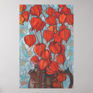 Poster Lanternes chinoises, Physalis peinture florale d'a