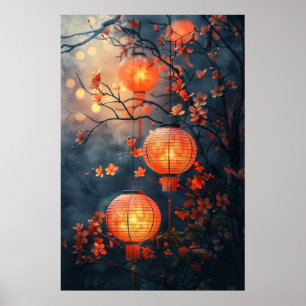 Poster Lanternes japonaises la nuit – Chaleureuse art à l