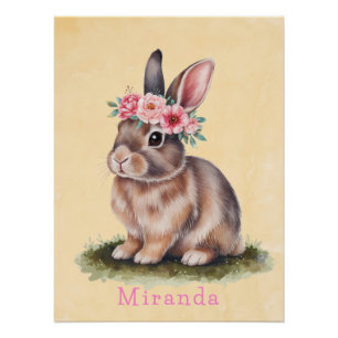 Poster Lapin à l'aquarelle avec couronne de fleurs Baby S