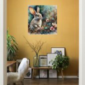 Poster Lapin à l'aquarelle de bois Fleurs pastel de Pâque