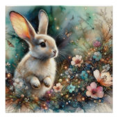 Poster Lapin à l'aquarelle sur fond boisé Fleurs pastel P (Devant)