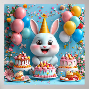 Poster Lapin adorable célébrant son anniversaire