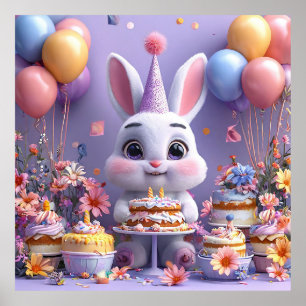 Poster Lapin Adorable Célébrant un Anniversaire