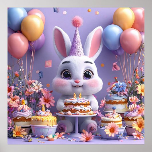 Poster Lapin Adorable Célébrant un Anniversaire (Devant)
