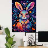 Poster Lapin assis fleurs cœurs (Bureau à domicile)