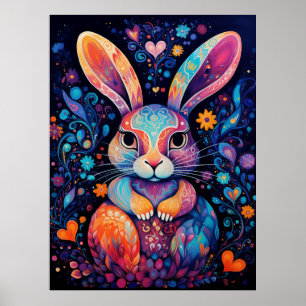 Poster Lapin assis fleurs cœurs