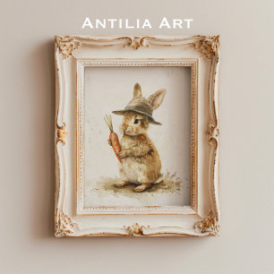 Poster Lapin avec peinture de carotte Pâques rustique Lap