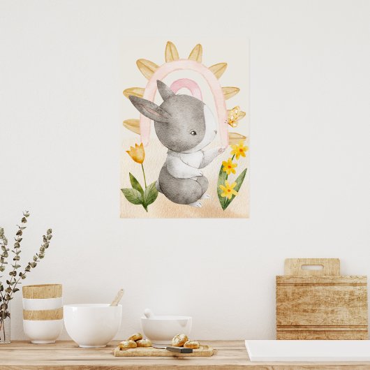 Poster Lapin, Bébé Animaux, Boho, Fleurs Jaunes, Arc-en-c (Cuisine)