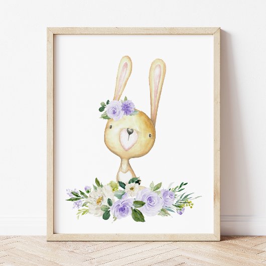 Poster Lapin Bébé, Animaux De Bois, Boho, Fleurs Violette
