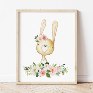 Poster Lapin bébé, Animaux de la forêt, Bohème, Fleurs ro