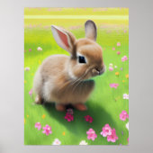 Poster Lapin bébé mignon dans une prairie fleurie (Devant)
