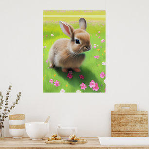 Poster Lapin bébé mignon dans une prairie fleurie