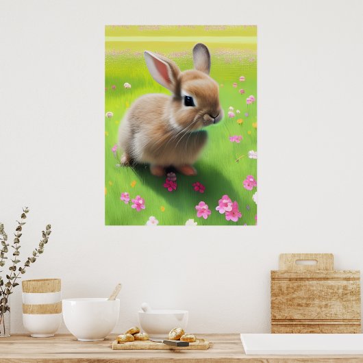 Poster Lapin bébé mignon dans une prairie fleurie (Cuisine)
