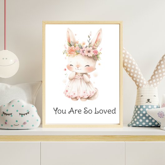 Poster Lapin Bébé Robe Rose Fleurs Nursery Fille