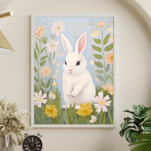 Poster Lapin blanc dans les fleurs printanières