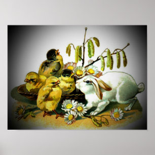 Poster Lapin blanc et poussins de Pâques vintage, ZSSG