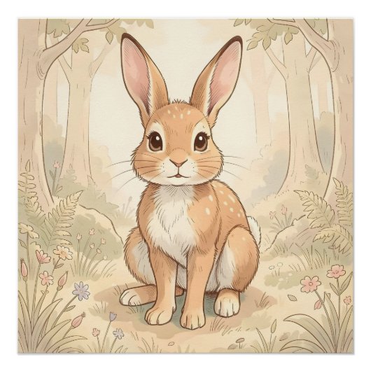Poster Lapin brun mignon dans une forêt (Devant)