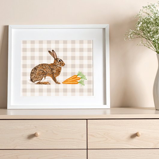 Poster Lapin Brun Rustique Et Carottes Sur Gingham Beige