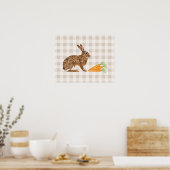 Poster Lapin Brun Rustique Et Carottes Sur Gingham Beige (Cuisine)
