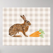 Poster Lapin Brun Rustique Et Carottes Sur Gingham Beige (Devant)