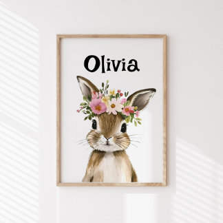 Poster Lapin de bébé personnalisé avec couronne florale