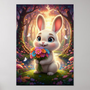 Poster Lapin de garenne mignon avec bouquet de fleurs