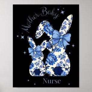 Poster Lapin de Pâques à nœud coquet bleu floral Mère By1