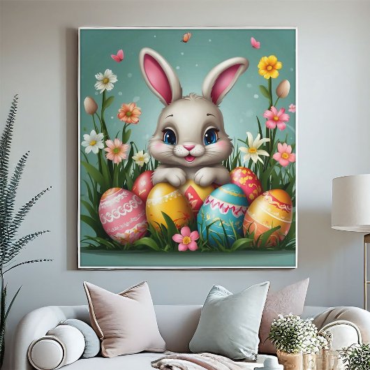 Poster Lapin de Pâques Adorable Fleurs de Printemps Œufs 