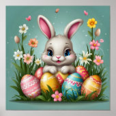 Poster Lapin de Pâques Adorable Fleurs de Printemps Œufs  (Devant)
