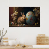 Poster Lapin de Pâques brun à côté d'un œuf floral bleu (Cuisine)