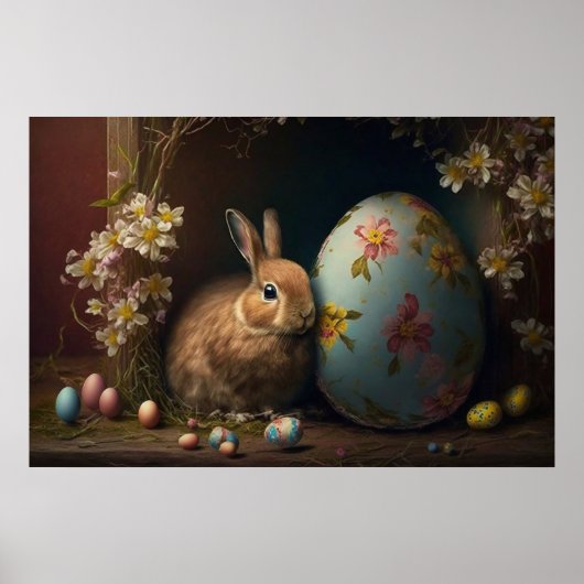 Poster Lapin de Pâques brun à côté d'un œuf floral bleu (Devant)