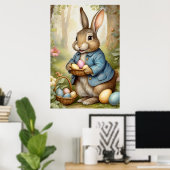 Poster Lapin de Pâques charmant en manteau bleu en forêt (Bureau à domicile)