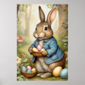 Poster Lapin de Pâques charmant en manteau bleu en forêt (Devant)
