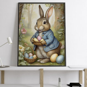 Poster Lapin de Pâques charmant en manteau bleu en milieu