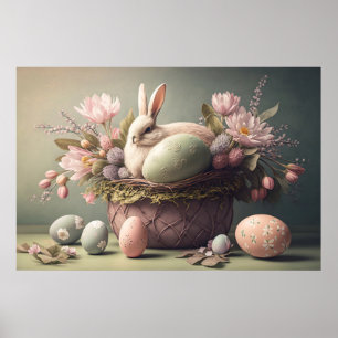 Poster Lapin de Pâques et œufs heureux, couleurs pastel A