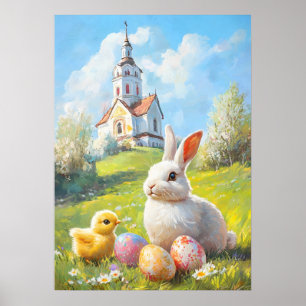 Poster Lapin de Pâques et peinture mignonne de poulet