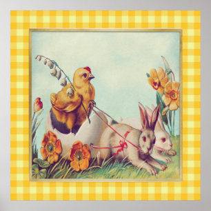 Poster Lapin de Pâques et poussin vintage à carreaux de B