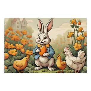 Poster Lapin de Pâques, Illustration Vintage de poulet